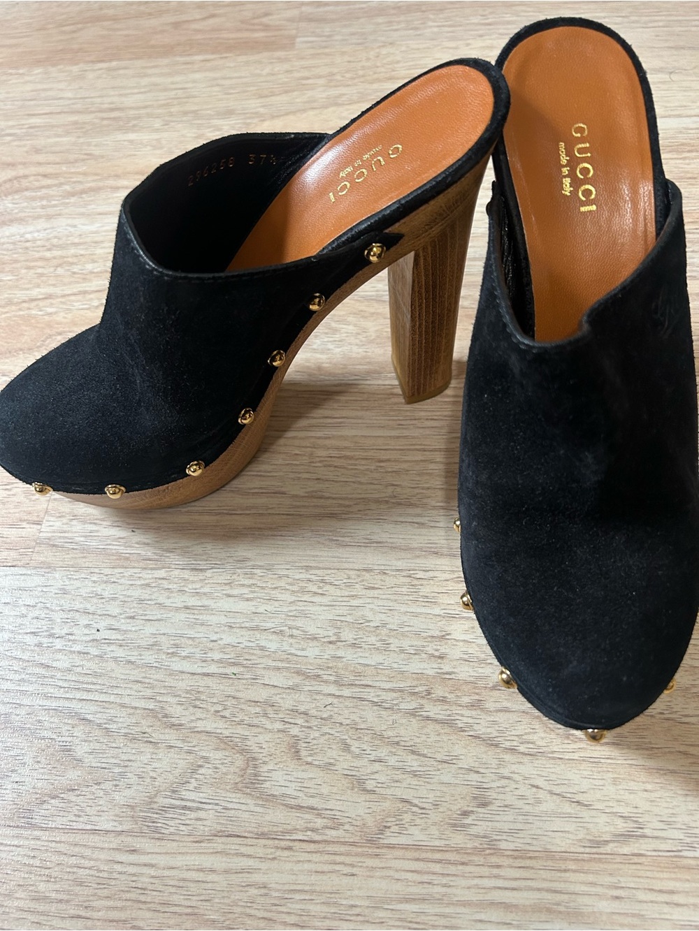Gucci Black Suede Gold-Stud Wood Platform Mules - Picture 1 of 6